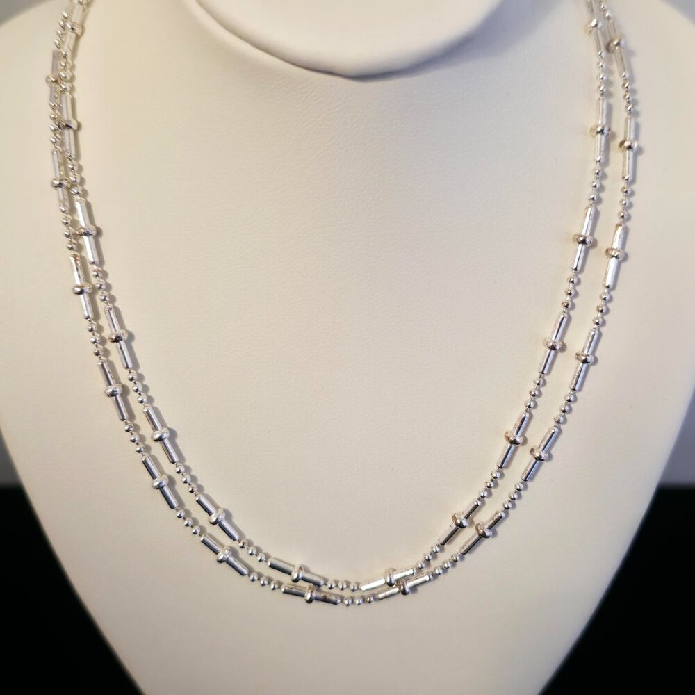 Sterling Silver Mini Bar Ball Link 2-Tier Necklace - Picture 3 of 12
